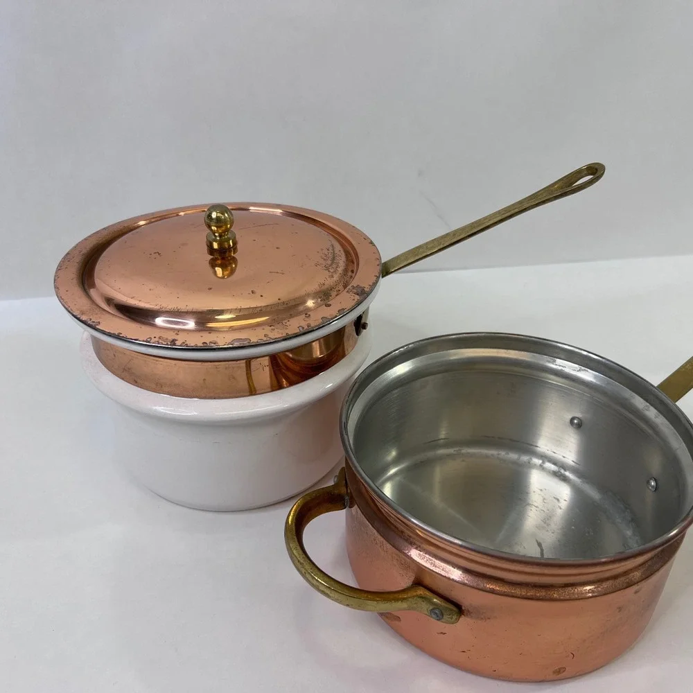 Vintage Copper Clad Double Boiler Porcelain Insert Brass Handles Outeiro 889